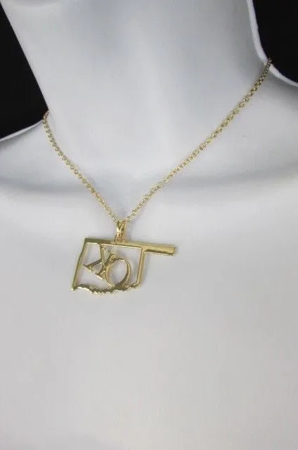 Gold Long Chains OK Oklahoma Pendant 18" Necklace Earrings Set