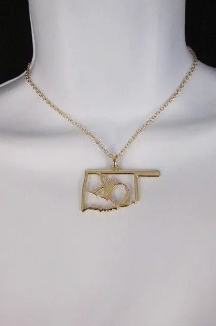 Gold Long Chains OK Oklahoma Pendant 18" Necklace Earrings Set