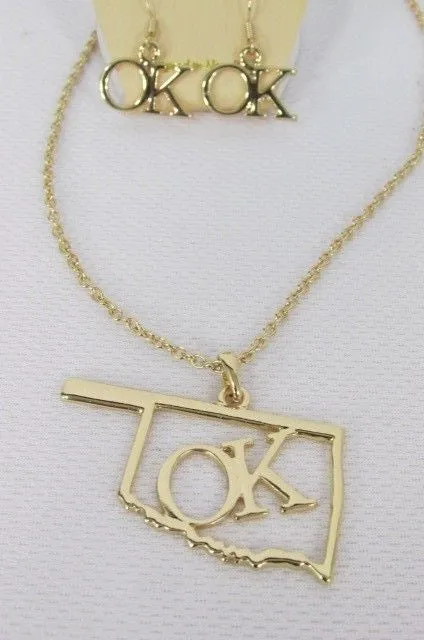 Gold Long Chains OK Oklahoma Pendant 18" Necklace Earrings Set