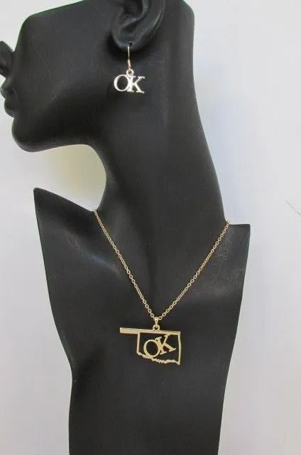 Gold Long Chains OK Oklahoma Pendant 18" Necklace Earrings Set