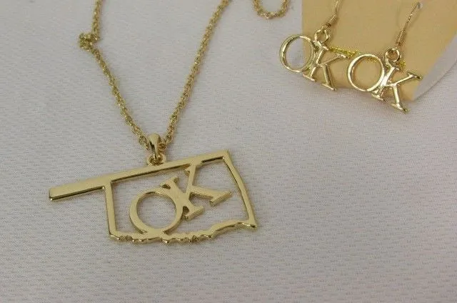 Gold Long Chains OK Oklahoma Pendant 18" Necklace Earrings Set