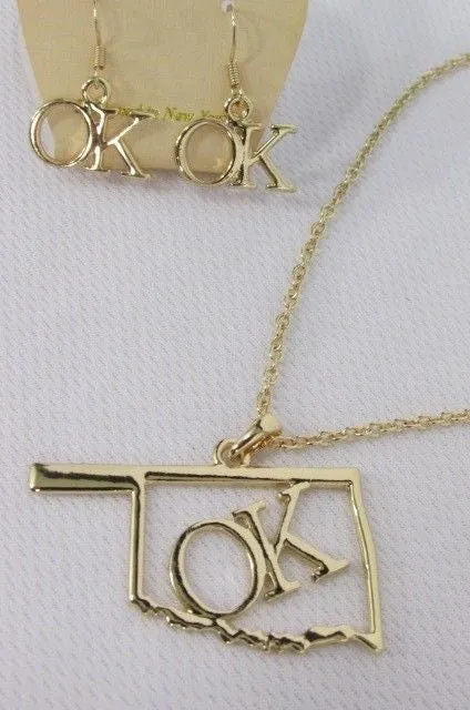 Gold Long Chains OK Oklahoma Pendant 18" Necklace Earrings Set
