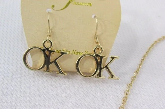 Gold Long Chains OK Oklahoma Pendant 18" Necklace Earrings Set