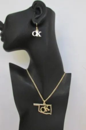 Gold Long Chains OK Oklahoma Pendant 18" Necklace Earrings Set