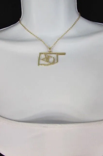 Gold Long Chains OK Oklahoma Pendant 18" Necklace Earrings Set
