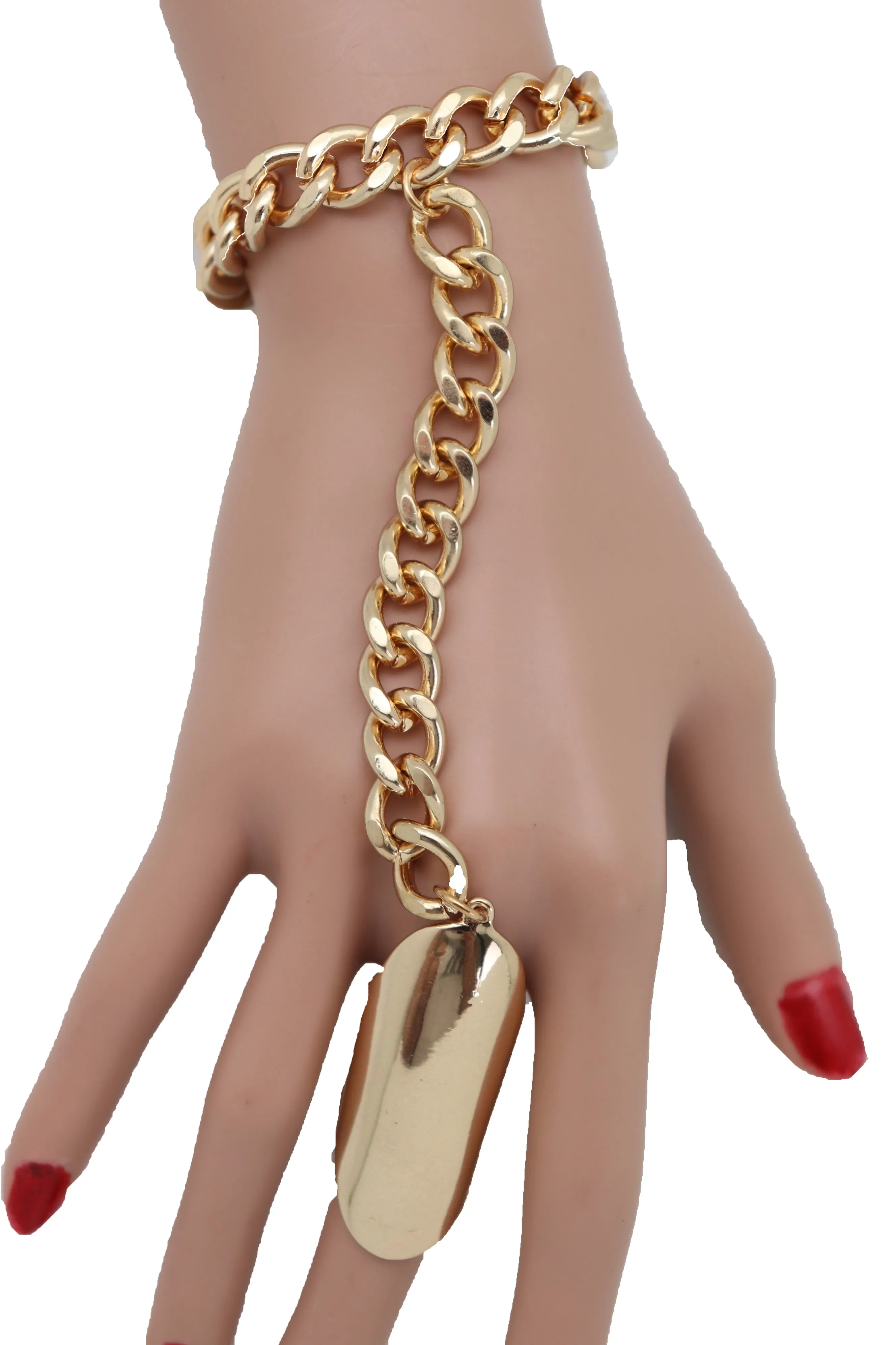 Gold Metal Hand Chain Wrist Bracelet Bling Connected Ring
