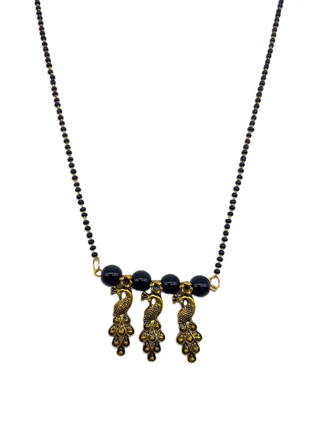Gold Plated Fancy Short Mangalsutra Designs Peacock Pendant Simple Black Beads Chain