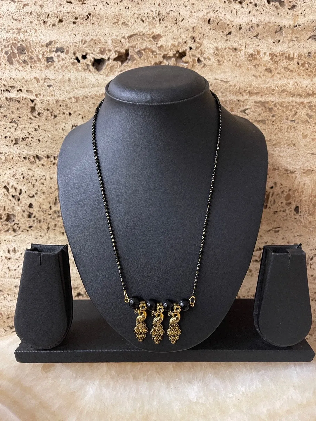 Gold Plated Fancy Short Mangalsutra Designs Peacock Pendant Simple Black Beads Chain