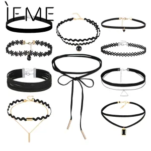 IF ME New Fashion 10pcs/set Black Gothic Choker Necklaces Set for Women Sexy Lace Flower Pu Leather Chokers Collar Jewelry Girl