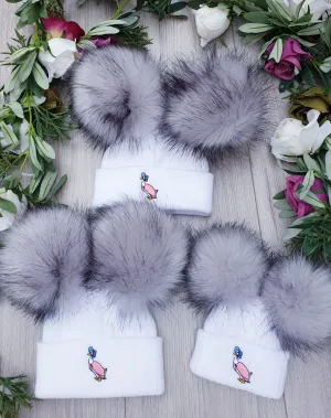 Jemima Puddleduck luxury  faux Fur Double  pom Hat - white/Grey