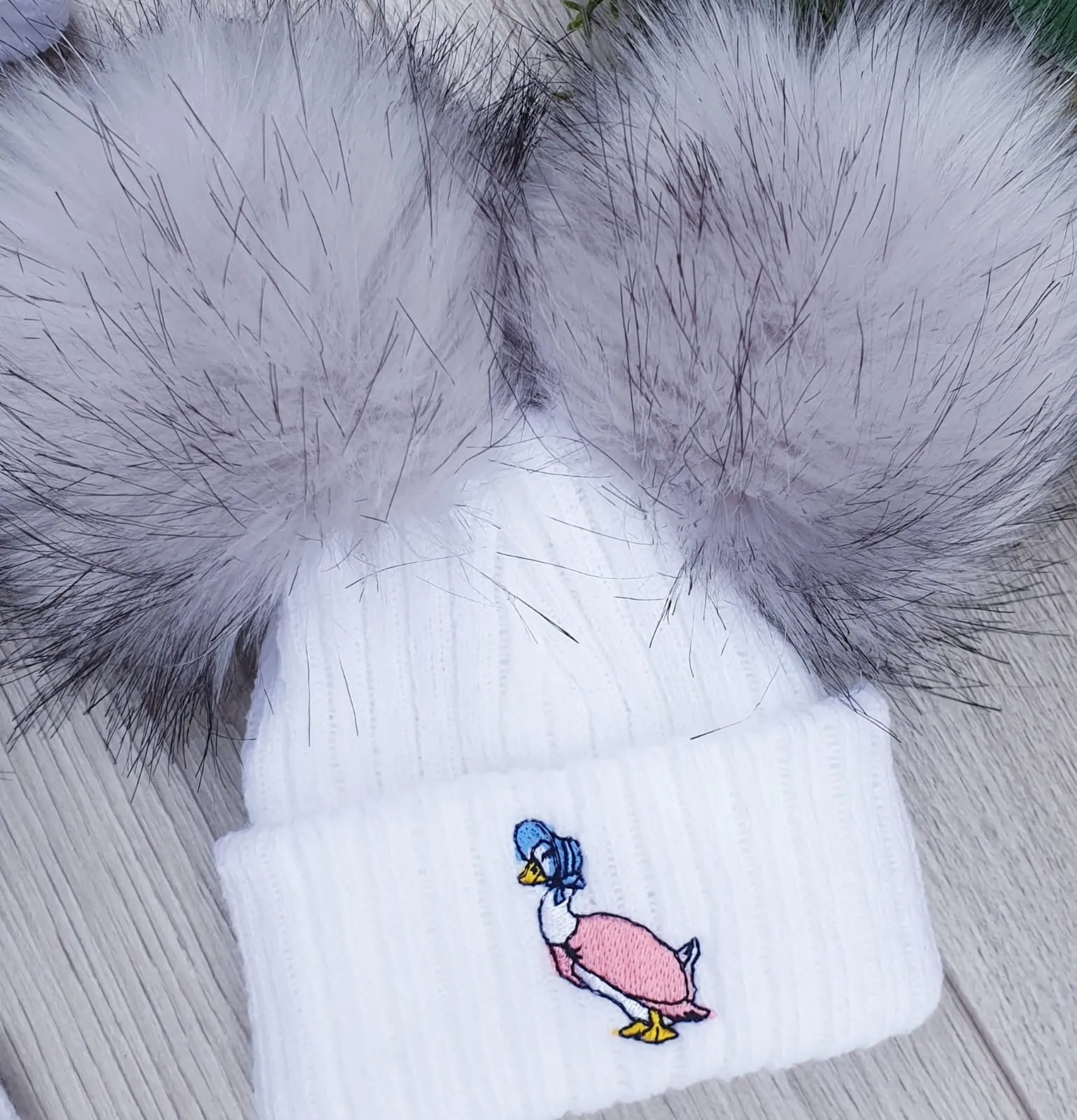 Jemima Puddleduck luxury  faux Fur Double  pom Hat - white/Grey