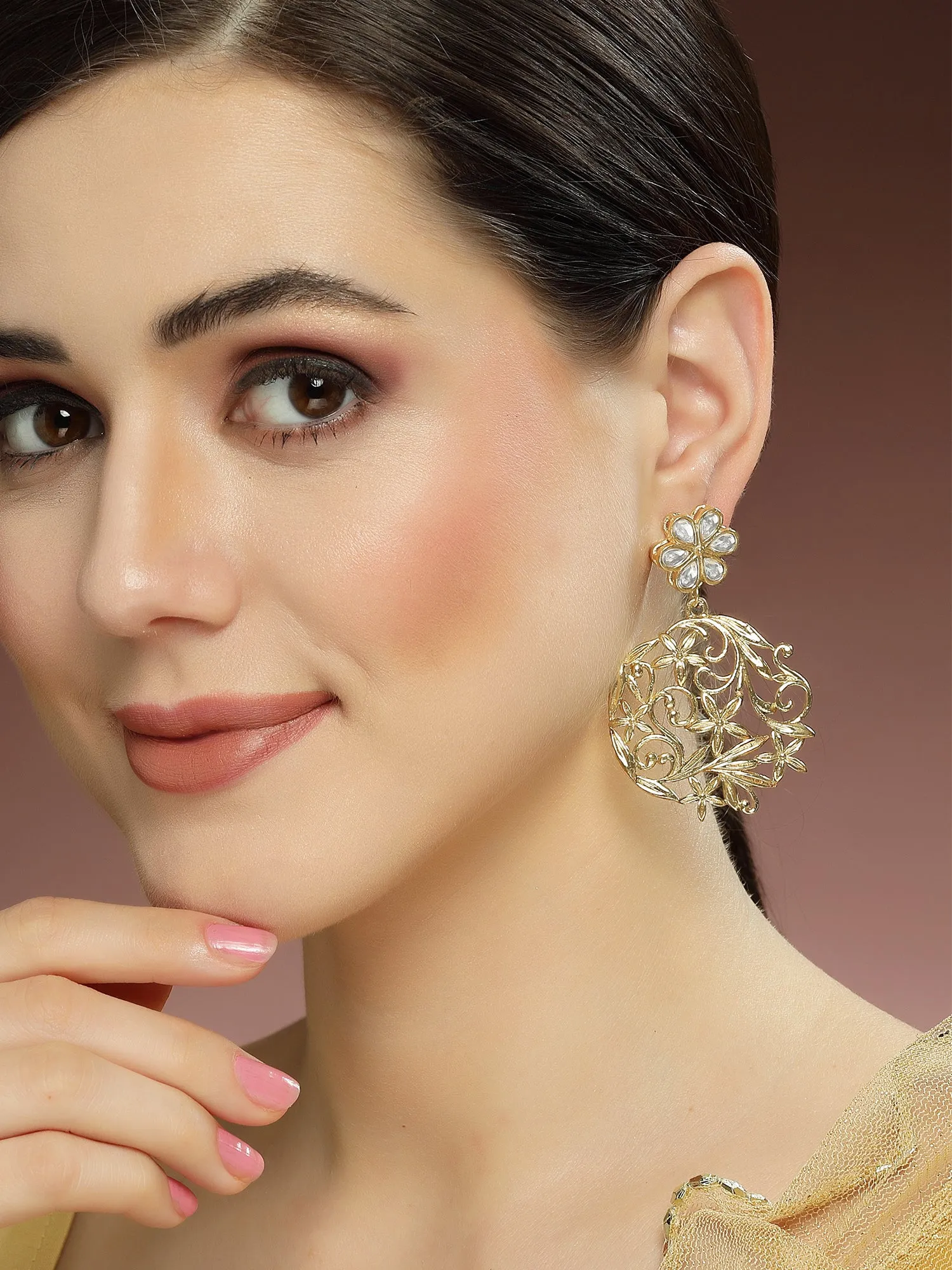 Karatcart Floral Design Golden Kundan Dangler Earrings for Women