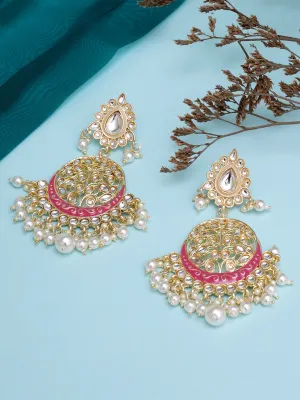 Karatcart Gold Plated Handcrafted Pink Meena and Pearl Dangler Earrings for Women