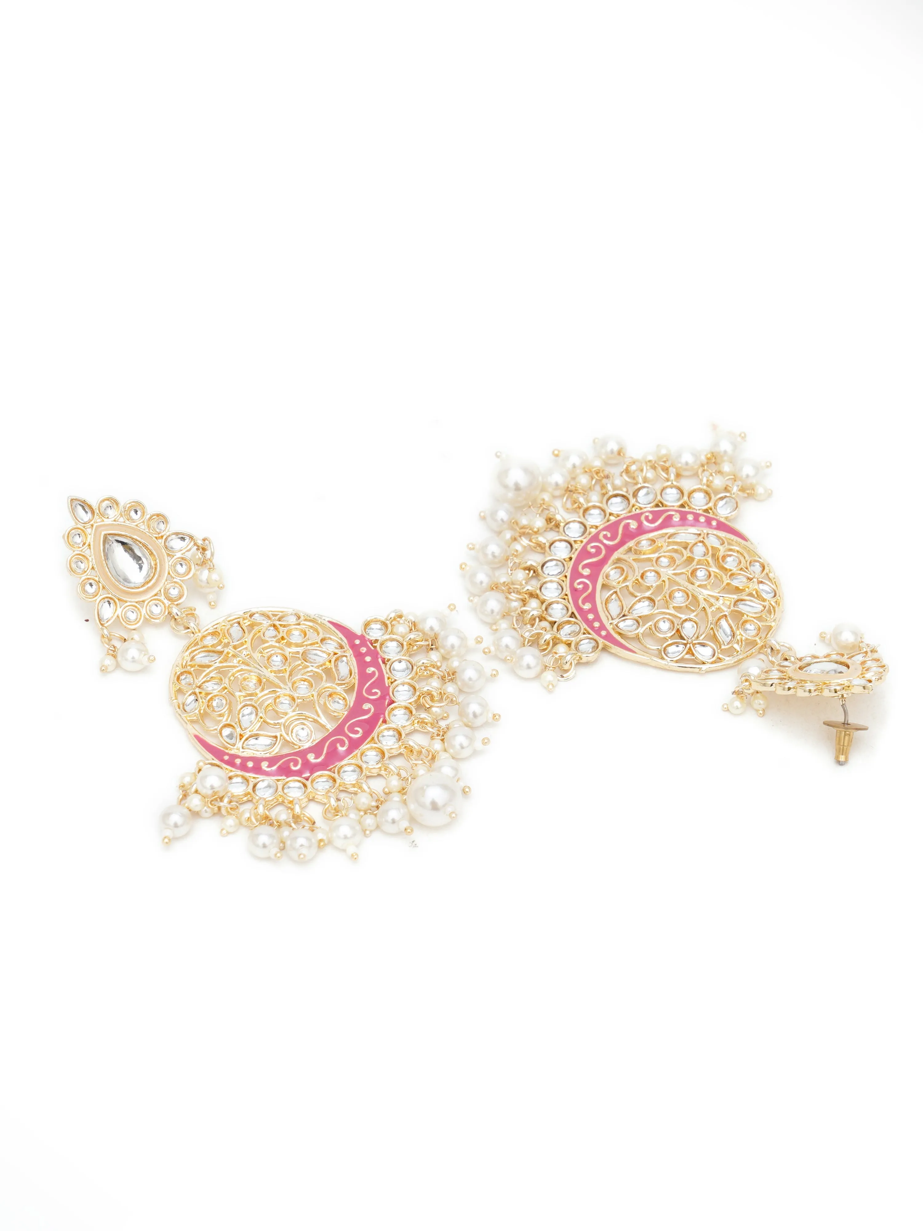 Karatcart Gold Plated Handcrafted Pink Meena and Pearl Dangler Earrings for Women