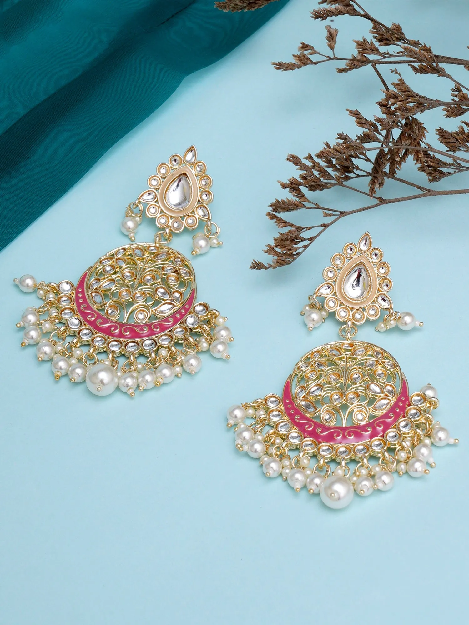 Karatcart Gold Plated Handcrafted Pink Meena and Pearl Dangler Earrings for Women