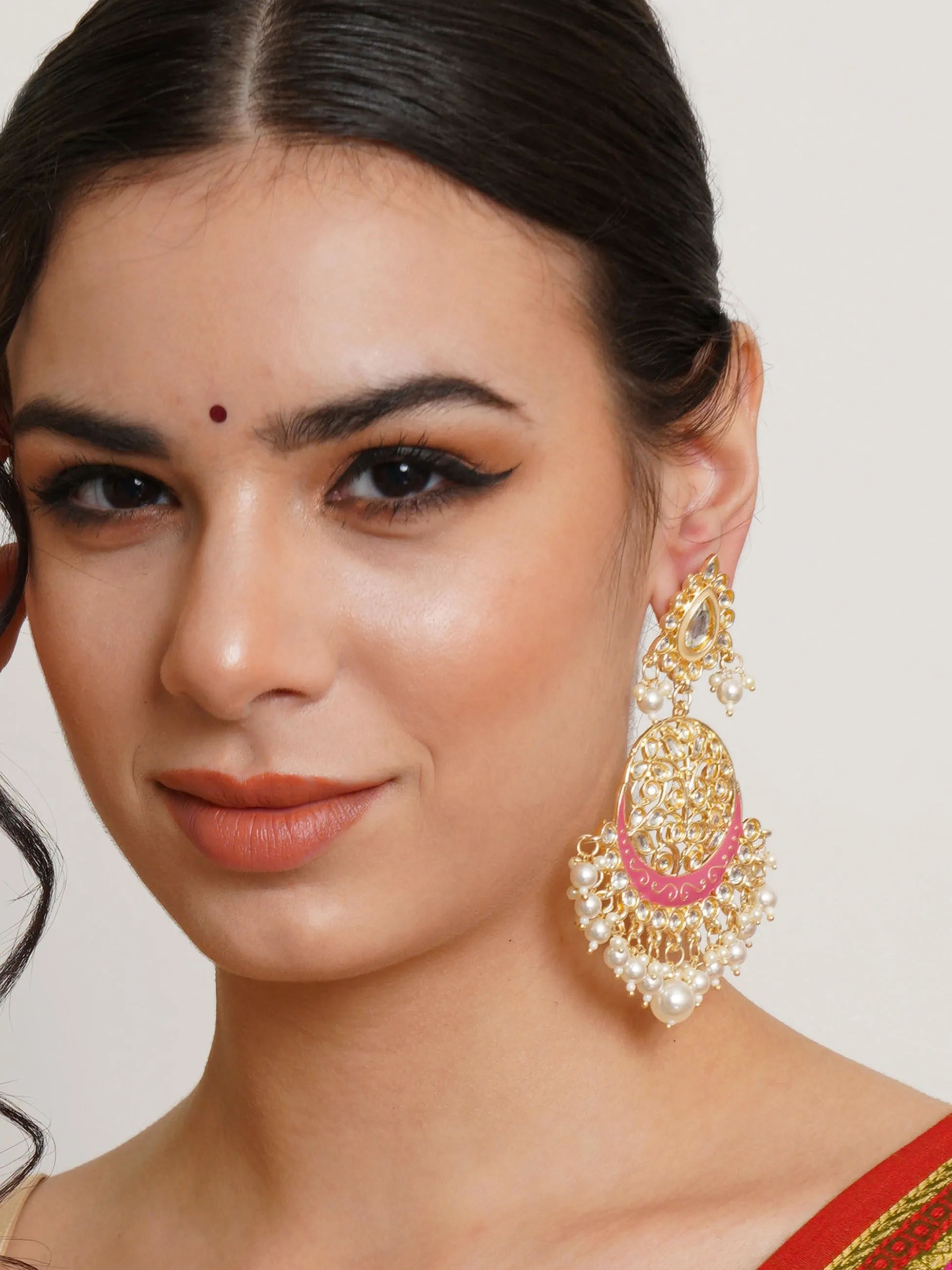 Karatcart Gold Plated Handcrafted Pink Meena and Pearl Dangler Earrings for Women