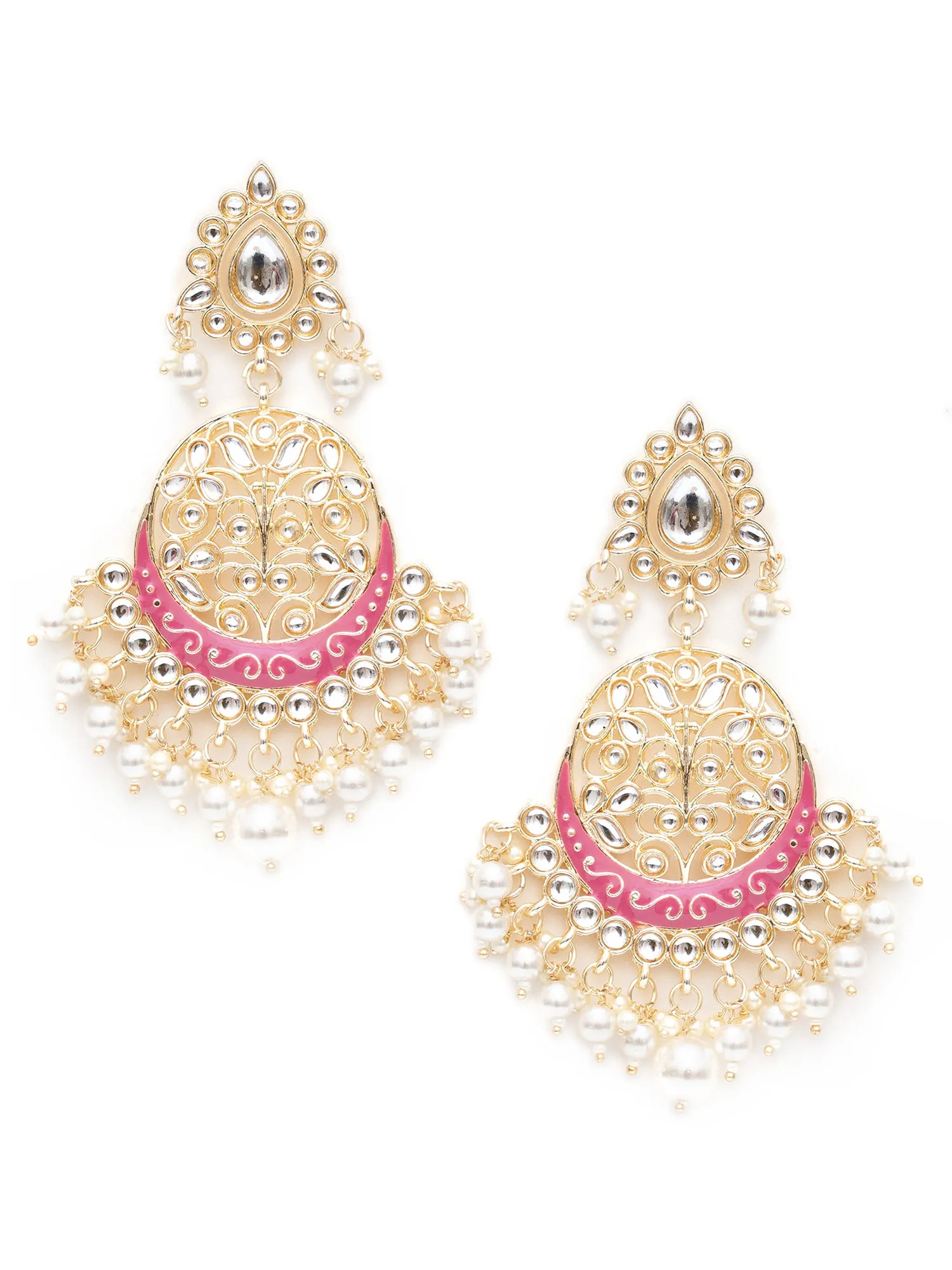 Karatcart Gold Plated Handcrafted Pink Meena and Pearl Dangler Earrings for Women