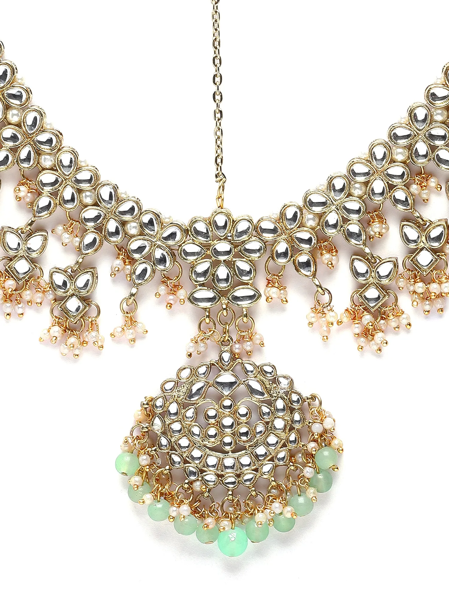 Karatcart Gold Plated Light Green Beads Kundan Mathapatti for Women
