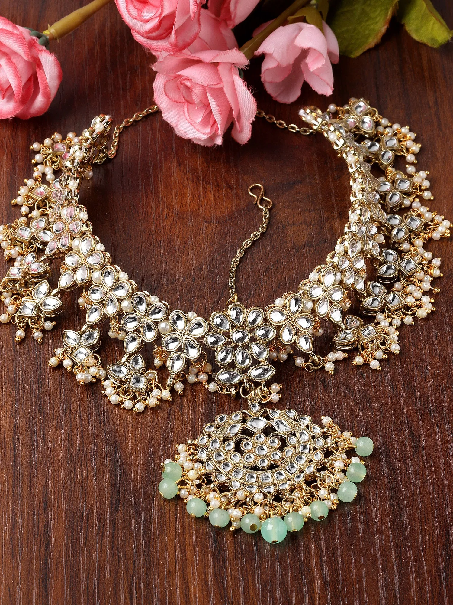Karatcart Gold Plated Light Green Beads Kundan Mathapatti for Women