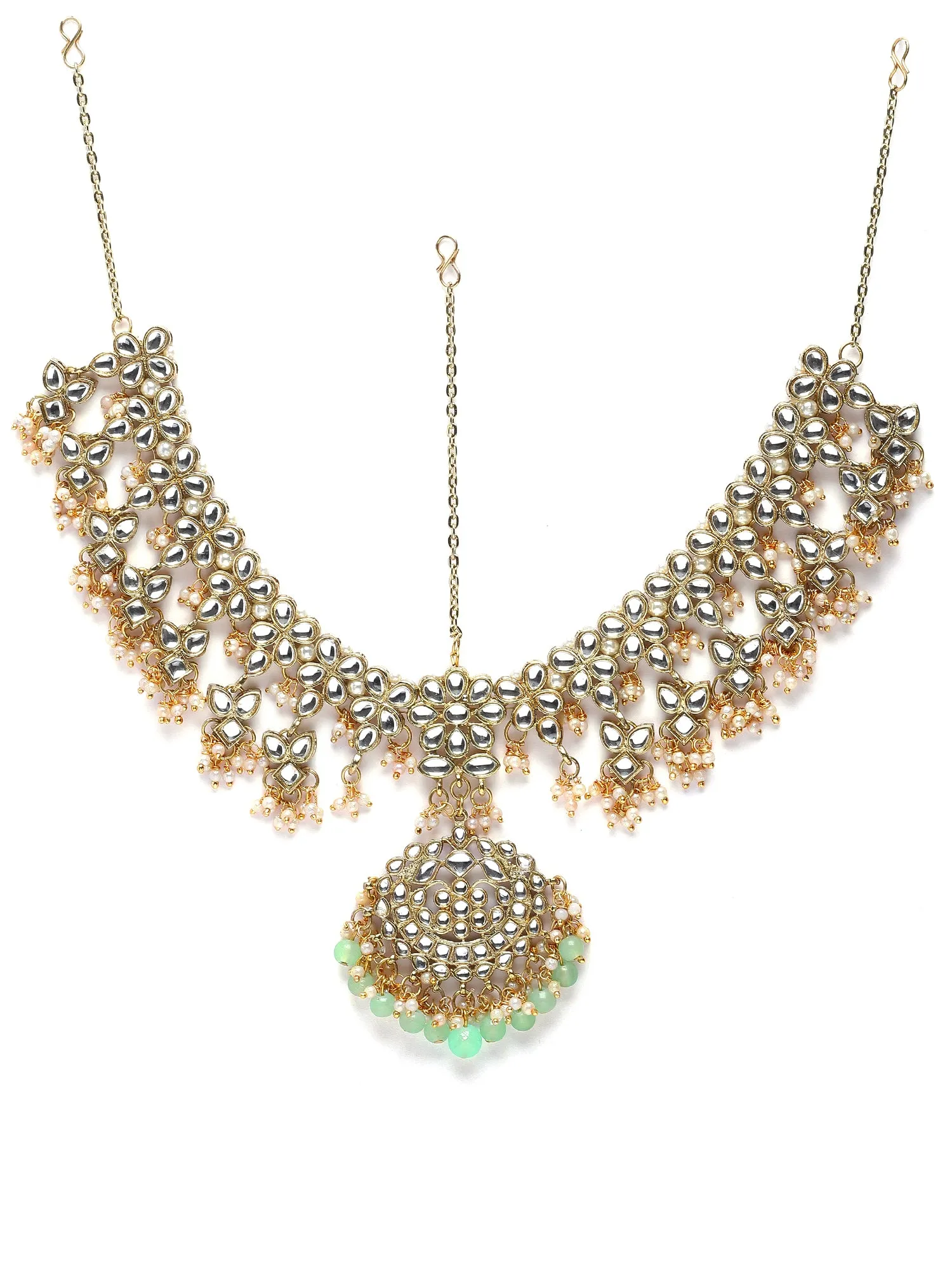 Karatcart Gold Plated Light Green Beads Kundan Mathapatti for Women