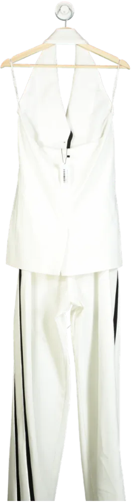 Karen Millen Ivory Compact Stretch Contrast Tipped Belted Wide Leg Tailored Jumpsuit UK 10