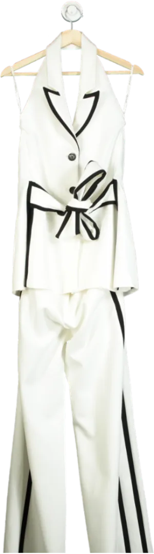 Karen Millen Ivory Compact Stretch Contrast Tipped Belted Wide Leg Tailored Jumpsuit UK 10