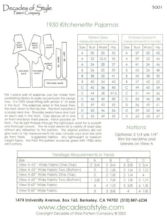 Kitchenette Pajamas 1930 Decades of Style Vintage Style Sewing Pattern