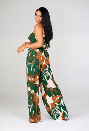 LEAF PRINT STRAPLESS JUMPSUIT