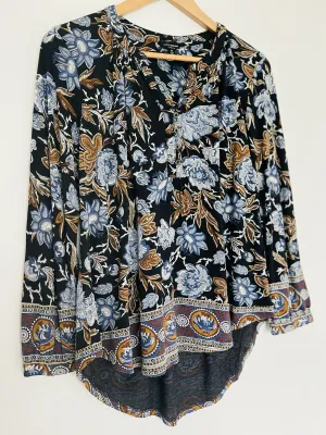 LUCKY BRAND Floral Jersey Knit Blouse Sz PS Hi-Low  V-Neck Button Boho Western