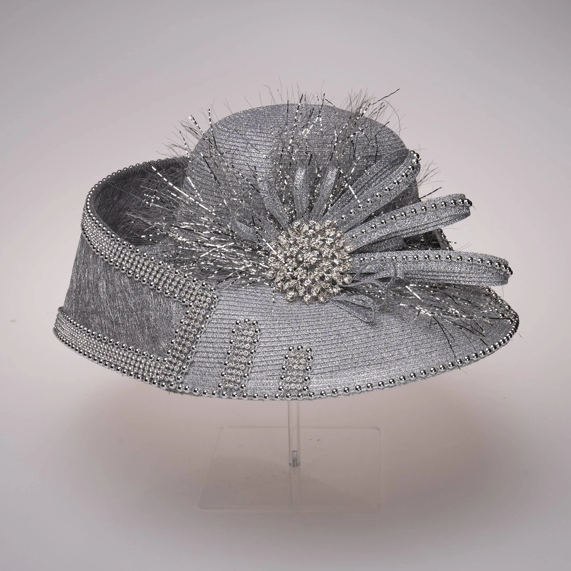 Luxury Metallic Hat With Sinamay & Rhinestone: Silver