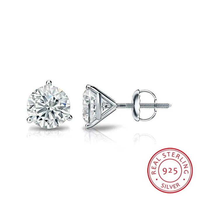 Luxury Round Lab Diamond Stud Earrings Real 925 Sterling Silver Women Jewelry