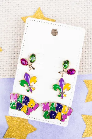 Mardi Gras Time Earrings 3 Pair Set