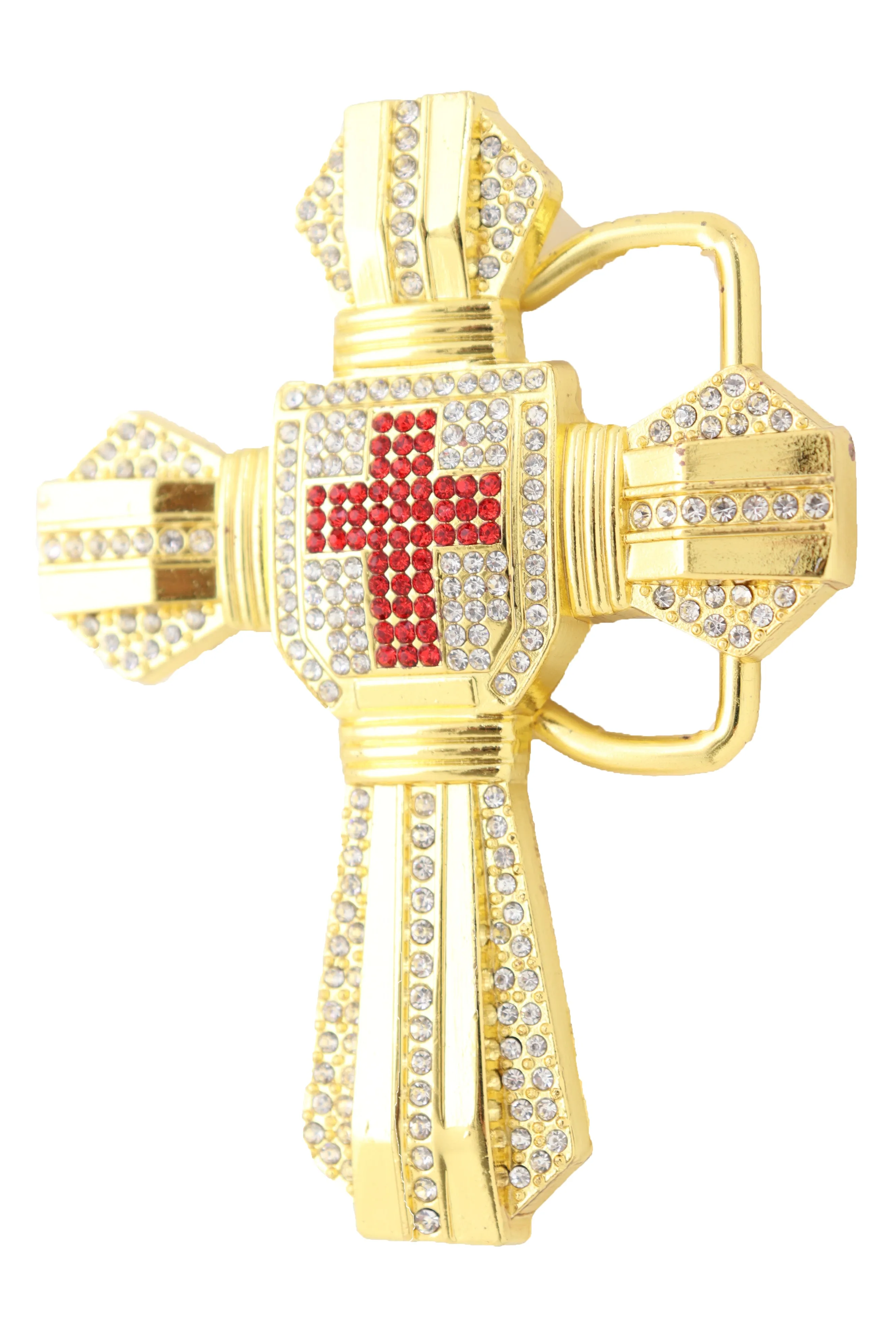 Men Belt Buckle Gold Metal Western Religious Big Bling Cross Biker
