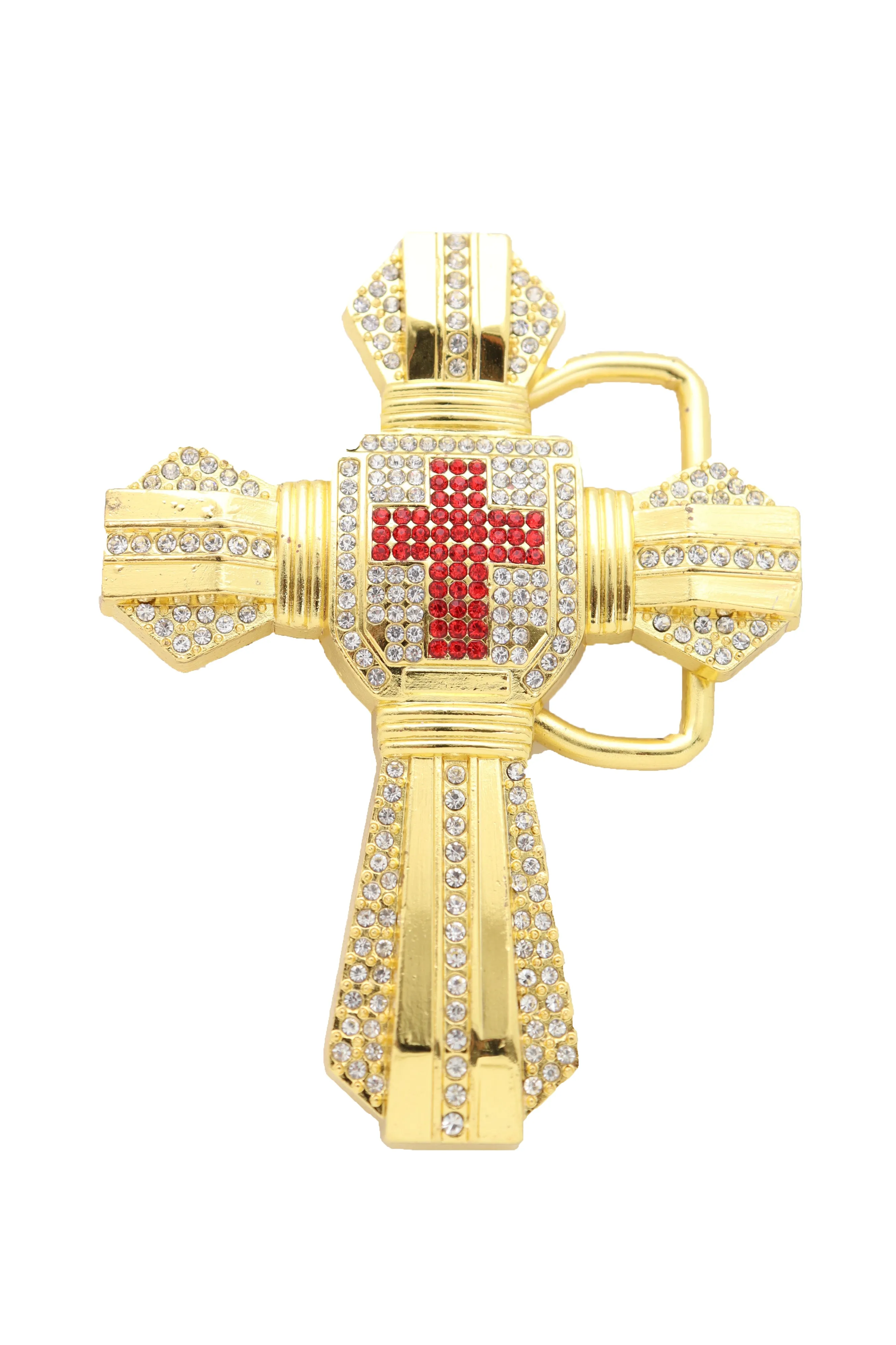 Men Belt Buckle Gold Metal Western Religious Big Bling Cross Biker