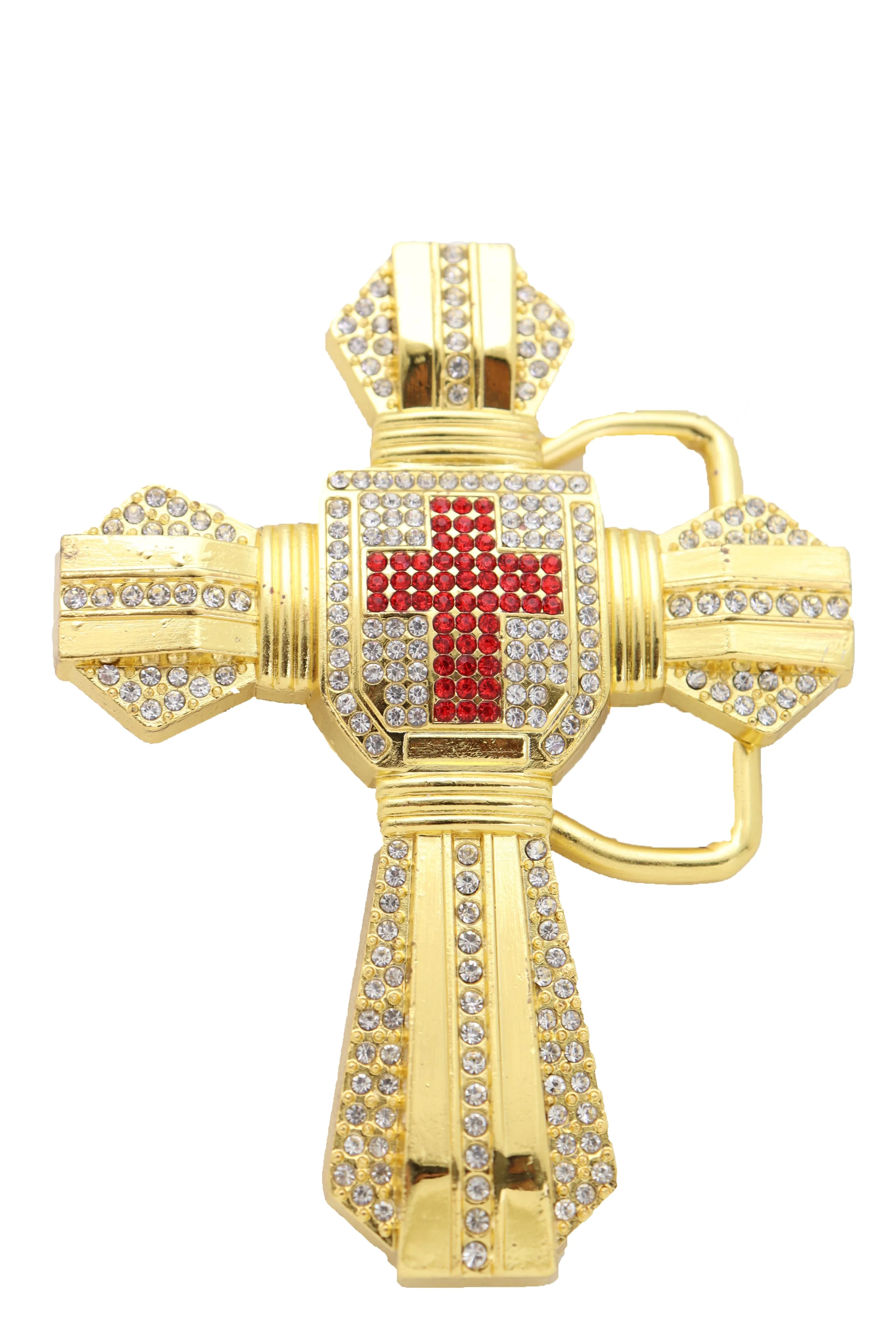 Men Belt Buckle Gold Metal Western Religious Big Bling Cross Biker
