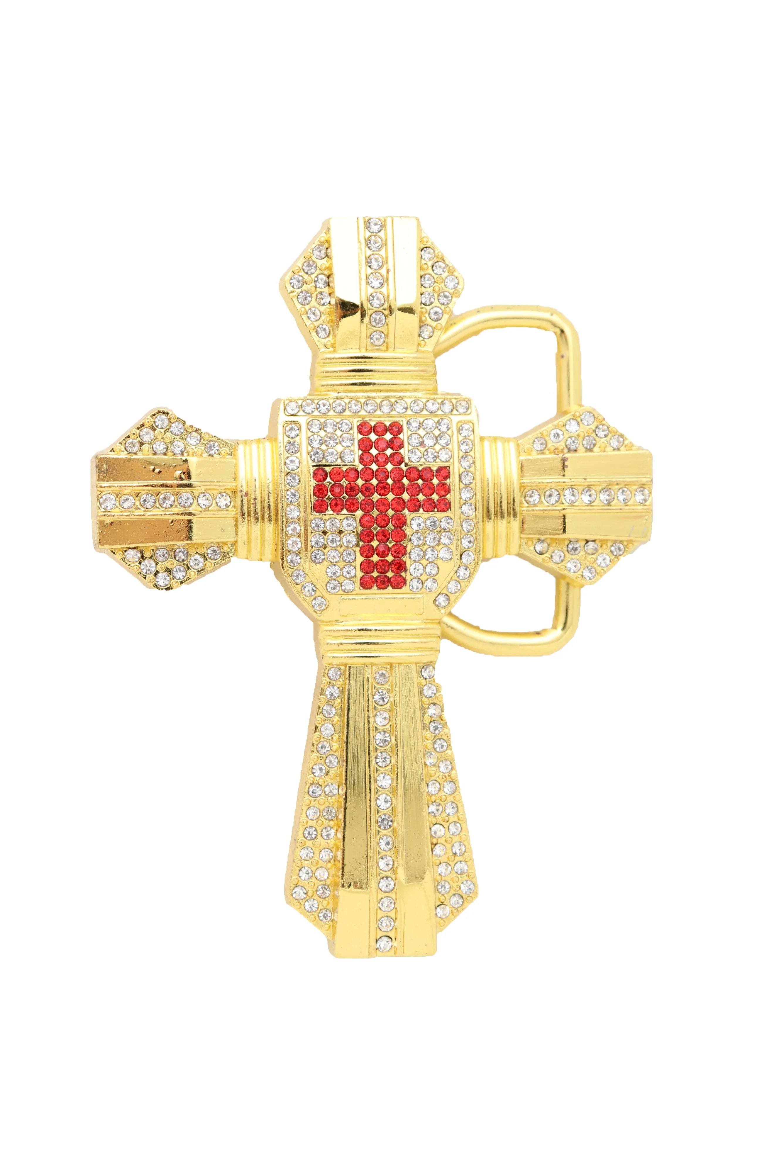 Men Belt Buckle Gold Metal Western Religious Big Bling Cross Biker
