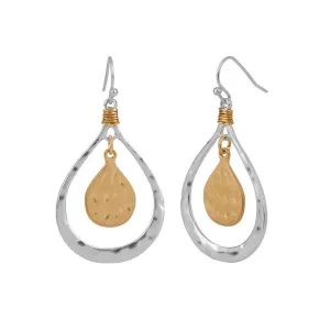 Mixed Metal Tear Drop Hammered Dangle Earrings
