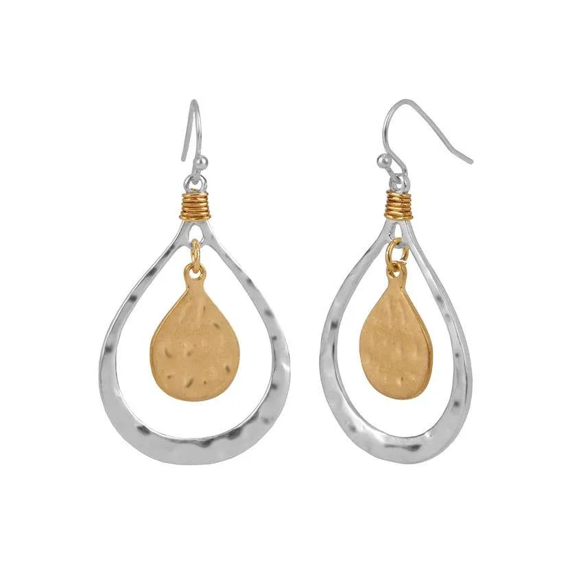 Mixed Metal Tear Drop Hammered Dangle Earrings