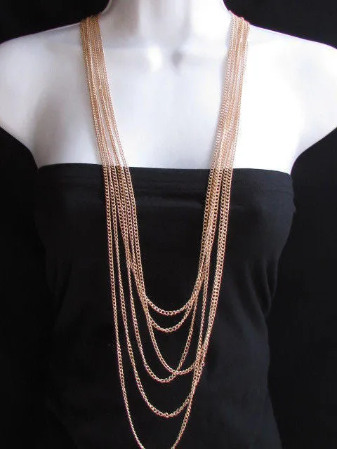 Multi Strand Thin Link Chain Elegant Long Necklace   Earrings Set