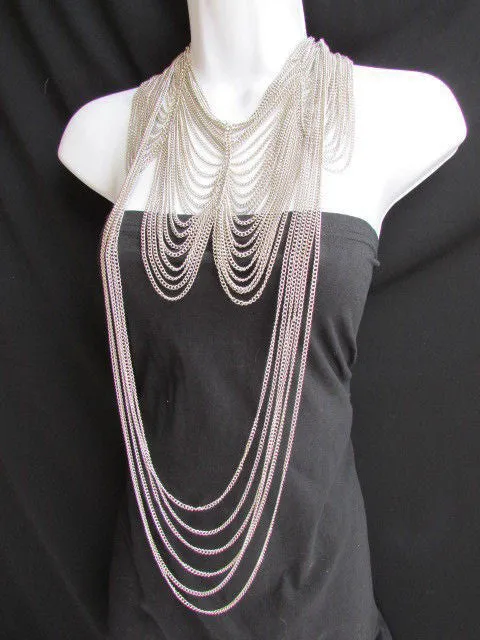 Multi Strand Thin Link Chain Elegant Long Necklace   Earrings Set