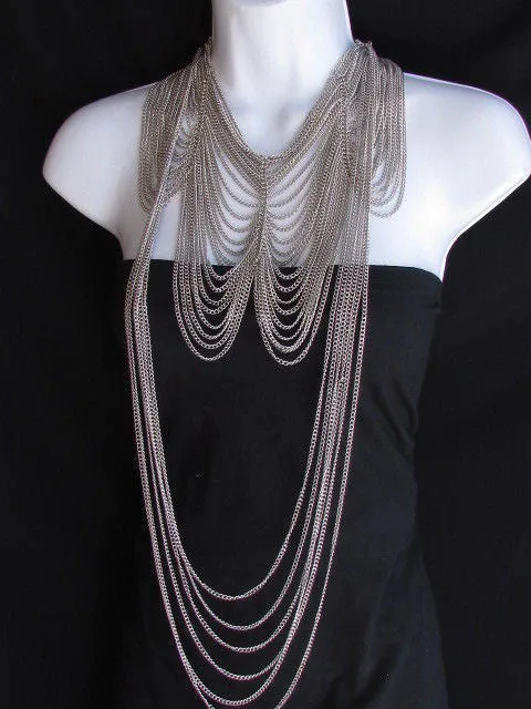 Multi Strand Thin Link Chain Elegant Long Necklace   Earrings Set