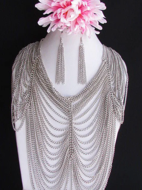 Multi Strand Thin Link Chain Elegant Long Necklace   Earrings Set