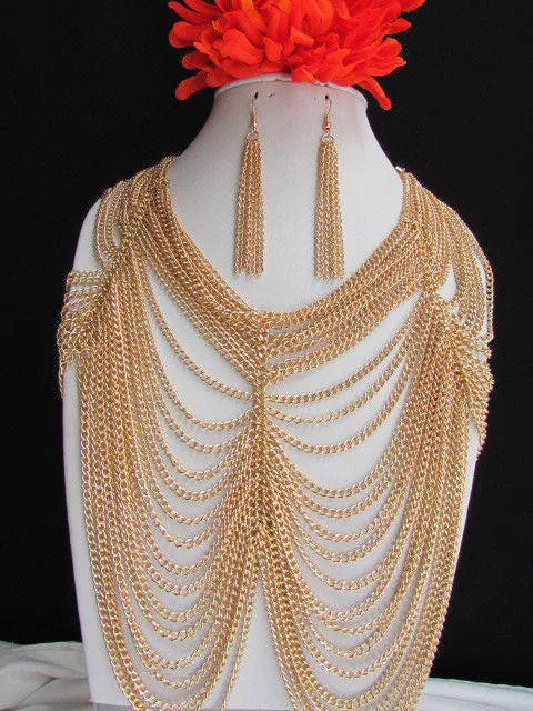 Multi Strand Thin Link Chain Elegant Long Necklace   Earrings Set