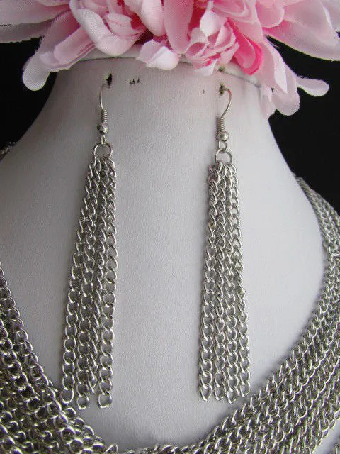 Multi Strand Thin Link Chain Elegant Long Necklace   Earrings Set