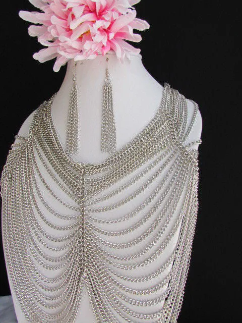Multi Strand Thin Link Chain Elegant Long Necklace   Earrings Set