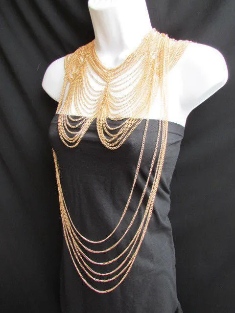 Multi Strand Thin Link Chain Elegant Long Necklace   Earrings Set