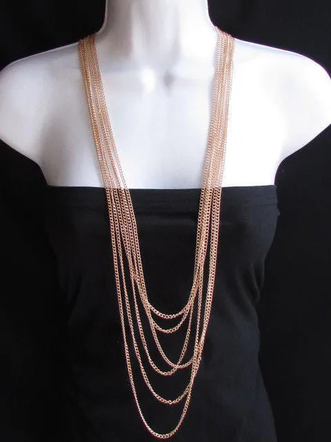 Multi Strand Thin Link Chain Elegant Long Necklace   Earrings Set