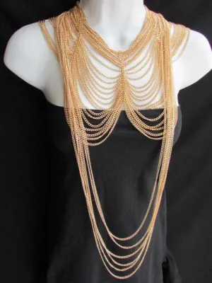 Multi Strand Thin Link Chain Elegant Long Necklace   Earrings Set