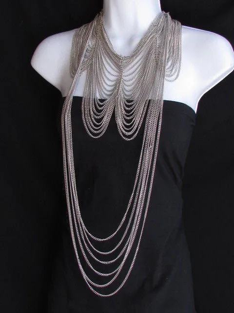 Multi Strand Thin Link Chain Elegant Long Necklace   Earrings Set