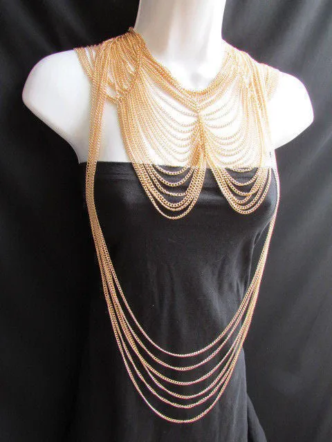Multi Strand Thin Link Chain Elegant Long Necklace   Earrings Set